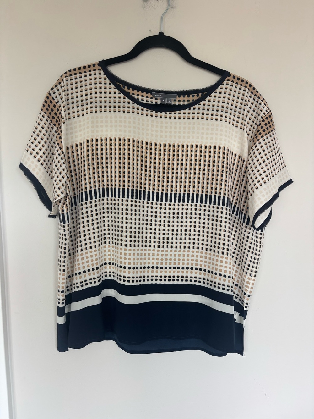 Vince Navy, Cream & Tan Silk Boxy Short-Sleeve Top